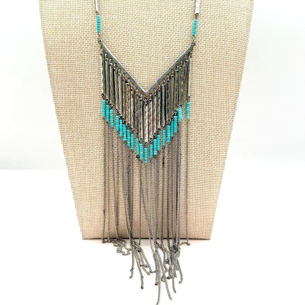 Vintage 90s Silver Tone Statement Fringe Necklace Blue Glass Beads V-Shape Boho